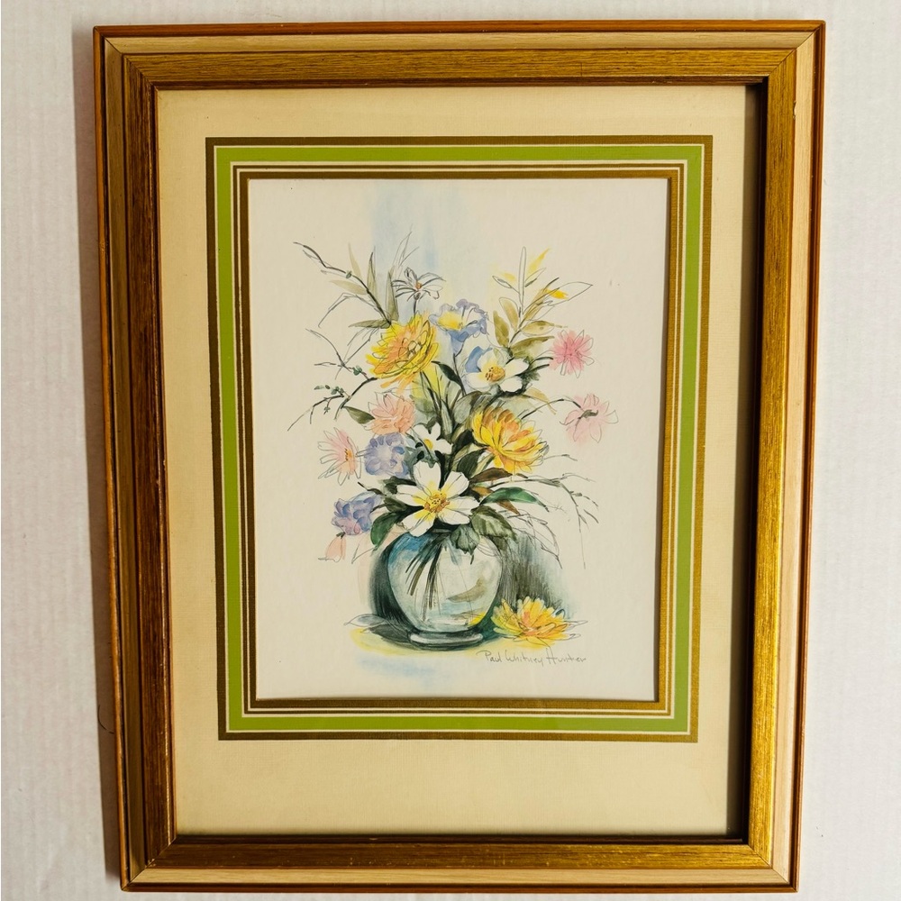 Vintage Signed Paul Whitney Hunter Floral Print.Nice golden wood frame.